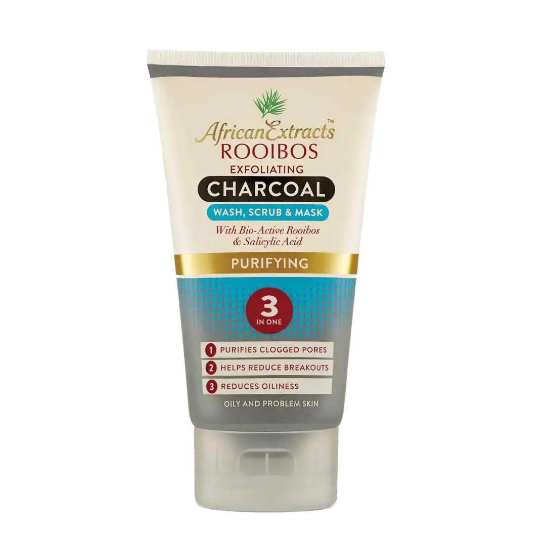 Front of African Extracts Rooibos Exfoliating Charcoal 3in1 Wash Scrub & Mask 150ml tube on white background