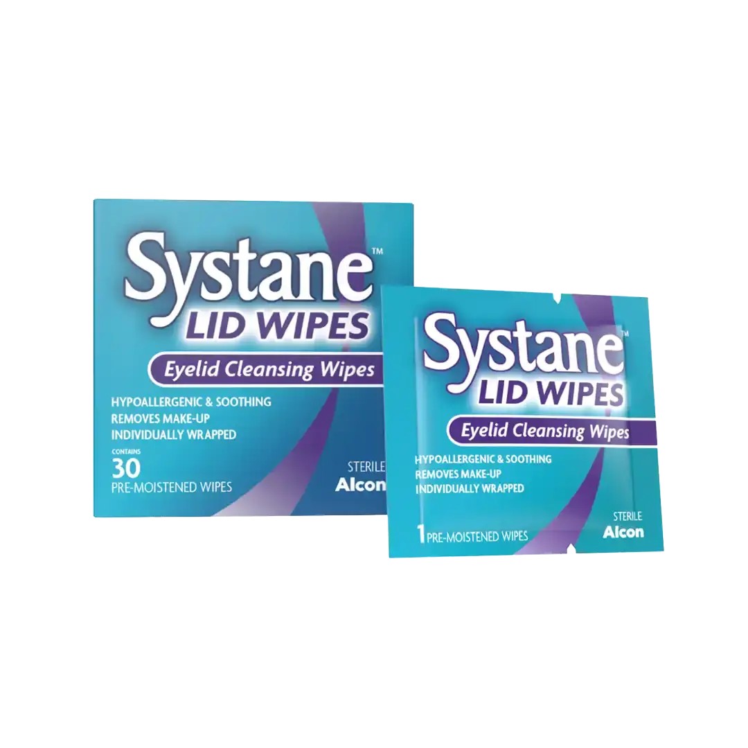 Systane Lid Wipes 30 box with individual wipe sachet, white background