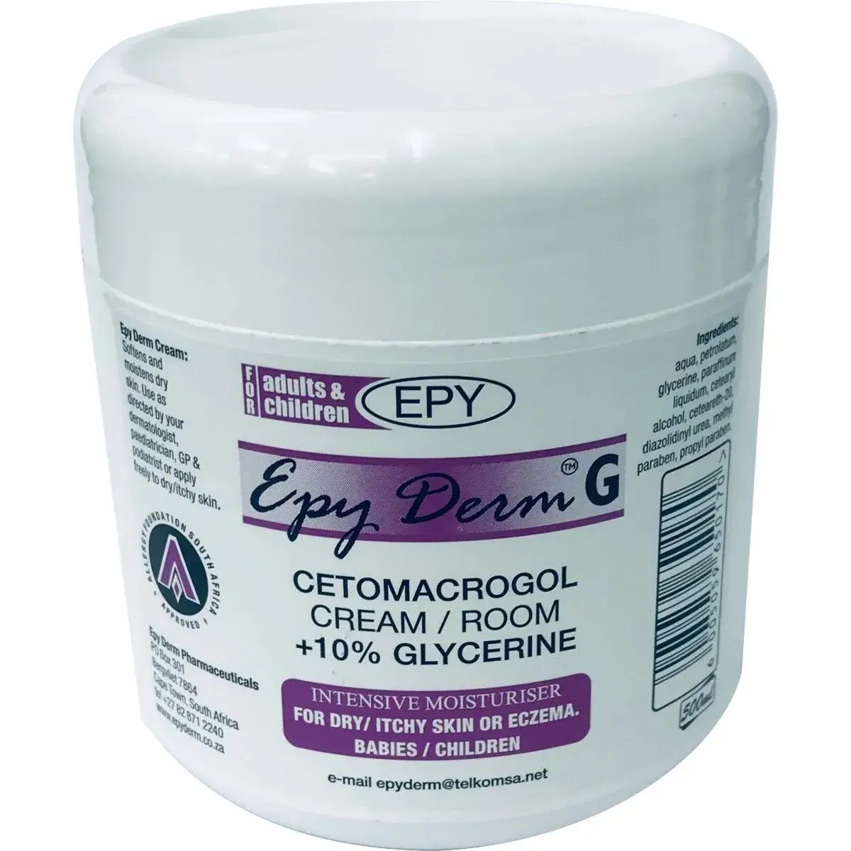 Front label of Epy Derm G Cetomacrogol Cream with 10% Glycerine 500 g tub