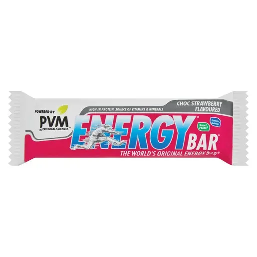 Front of PVM Energy Bar Choc Strawberry Flavoured 45 g