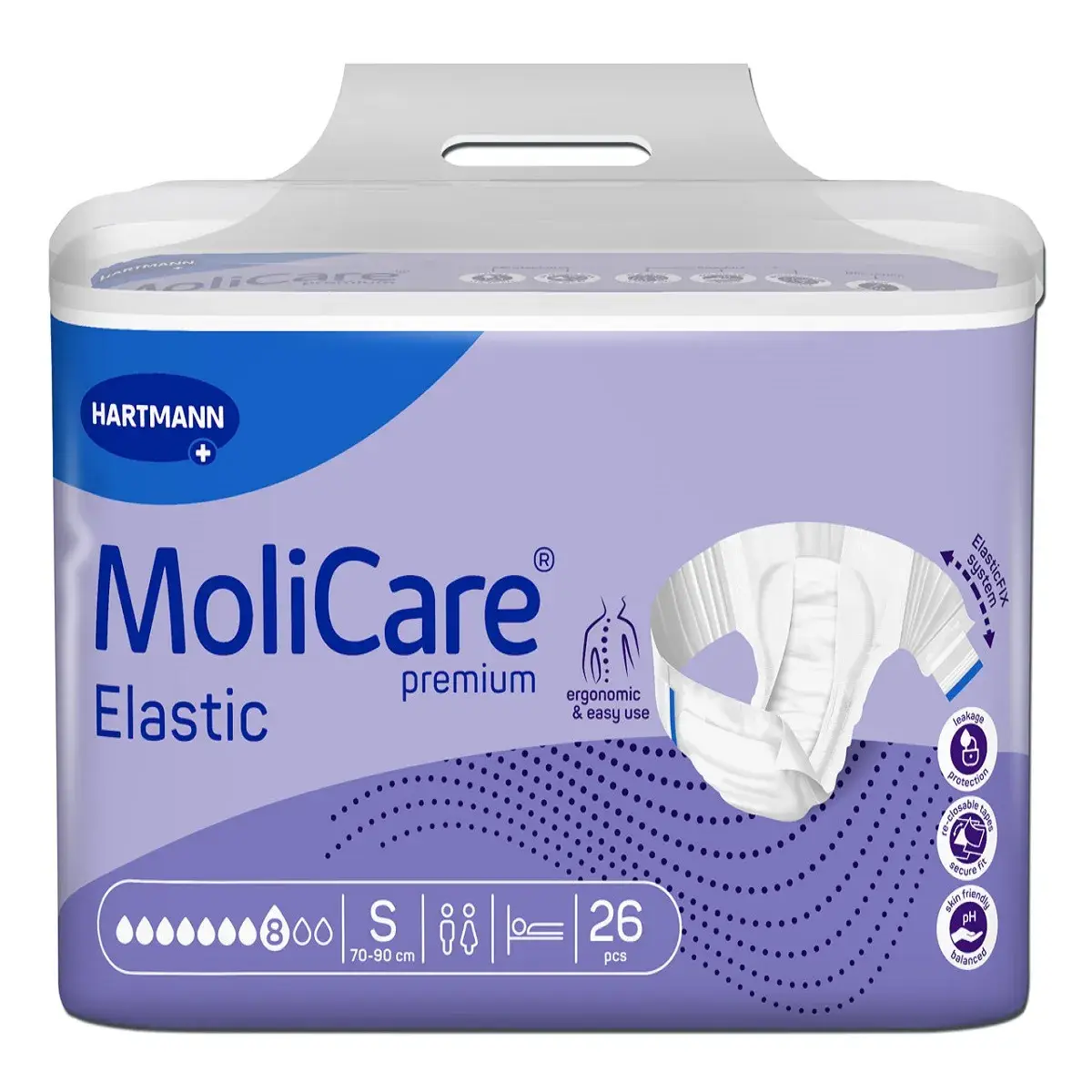 Front of MoliCare Premium Elastic Size S incontinence briefs, pack of 26