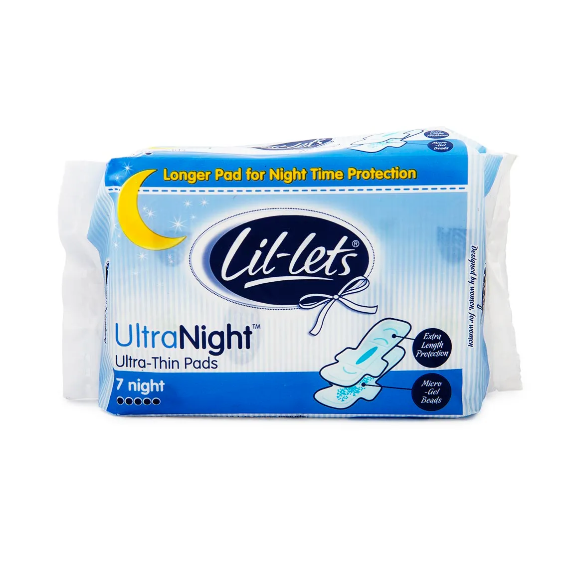 Front of Lil-lets UltraNight Ultra-Thin Pads, 7 night pads pack