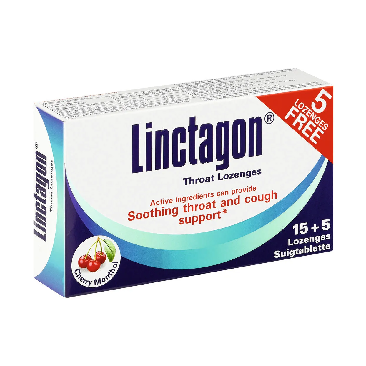Front of Linctagon Throat Lozenges Cherry Menthol, 15+5 lozenges pack