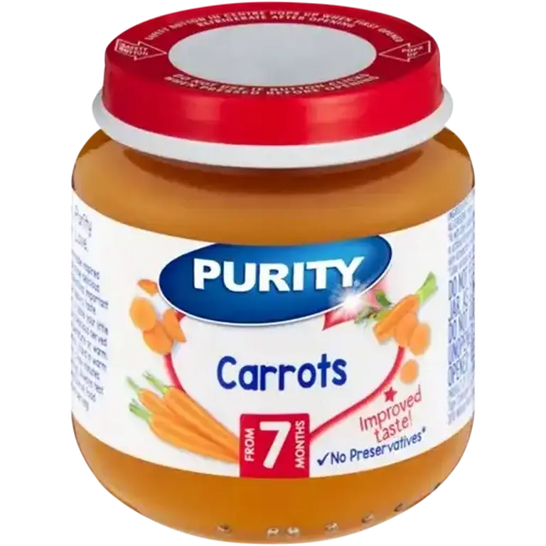 Front of Purity Carrots baby food jar 125 ml with red lid