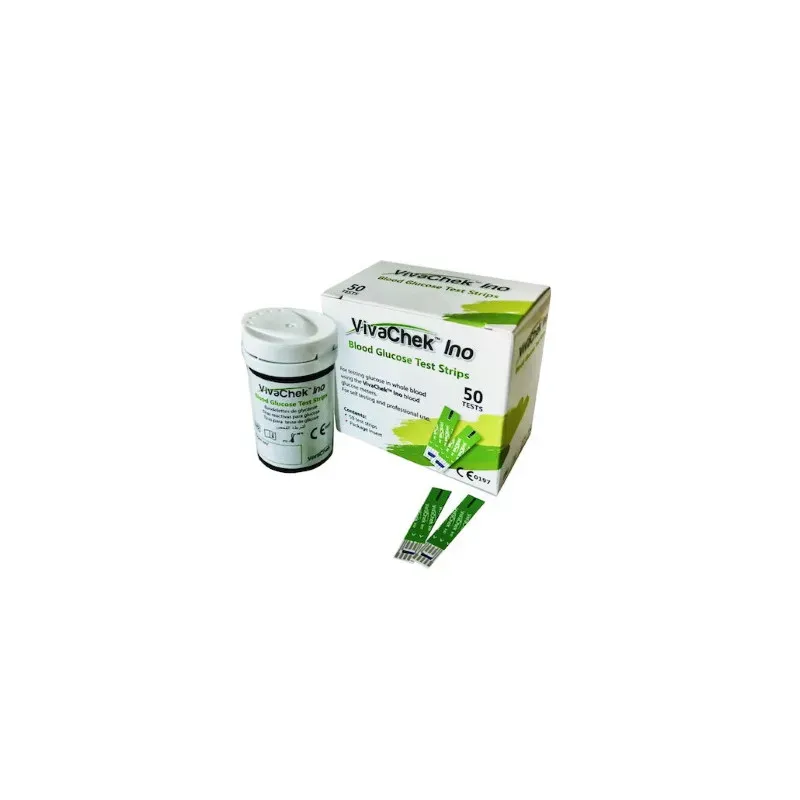 VivaChek Ino Blood Glucose Test Strips box with vial and strips, 50 tests