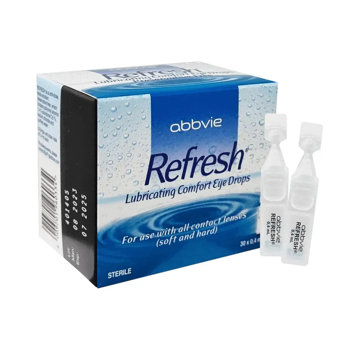 Front of Refresh Lubricating Comfort Eye Drops 30 x 0.4 ml vials box with two vials shown