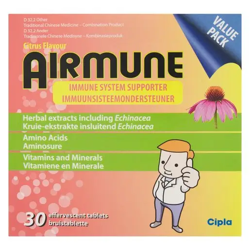 Front of Airmune Citrus Flavour Immune System Supporter 30 effervescent tablets pack, Cipla