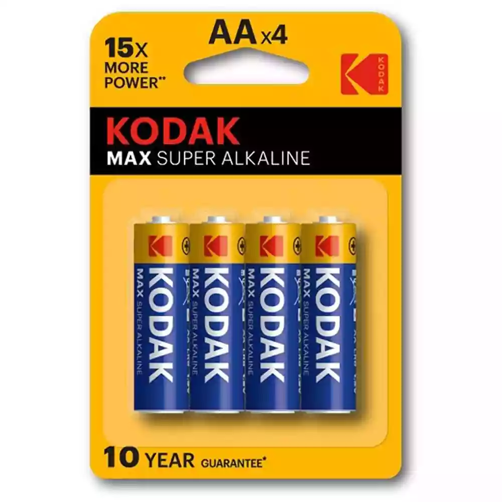 Front of Kodak Max Super Alkaline AA 4-pack batteries