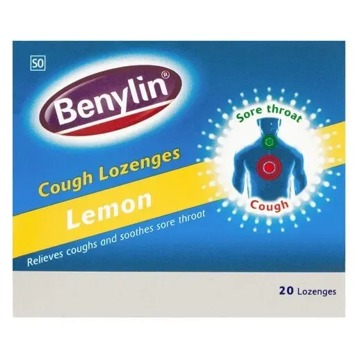Front of Benylin Cough Lozenges Lemon 20's pack