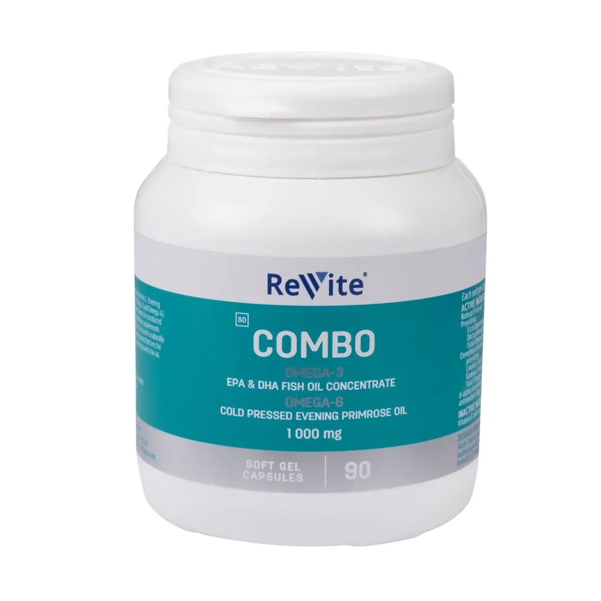 Angled view of Revite Combo Omega-3 & Omega-6 EPO+Fish Oil 1000mg 90 Soft Gel Capsules bottle