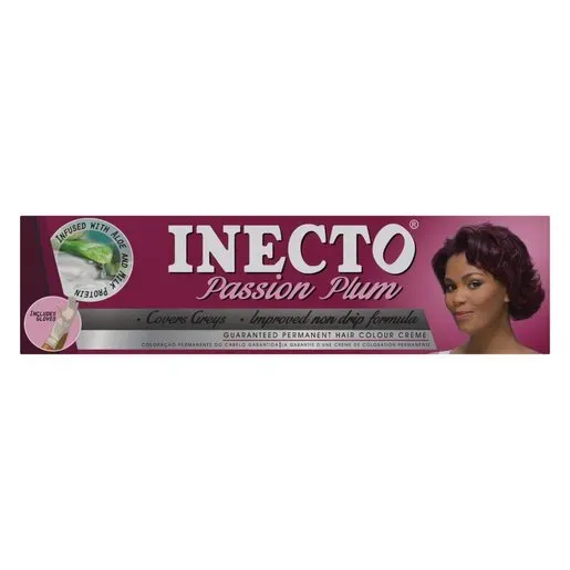 Front of Inecto Passion Plum permanent hair colour creme box, 50 ml