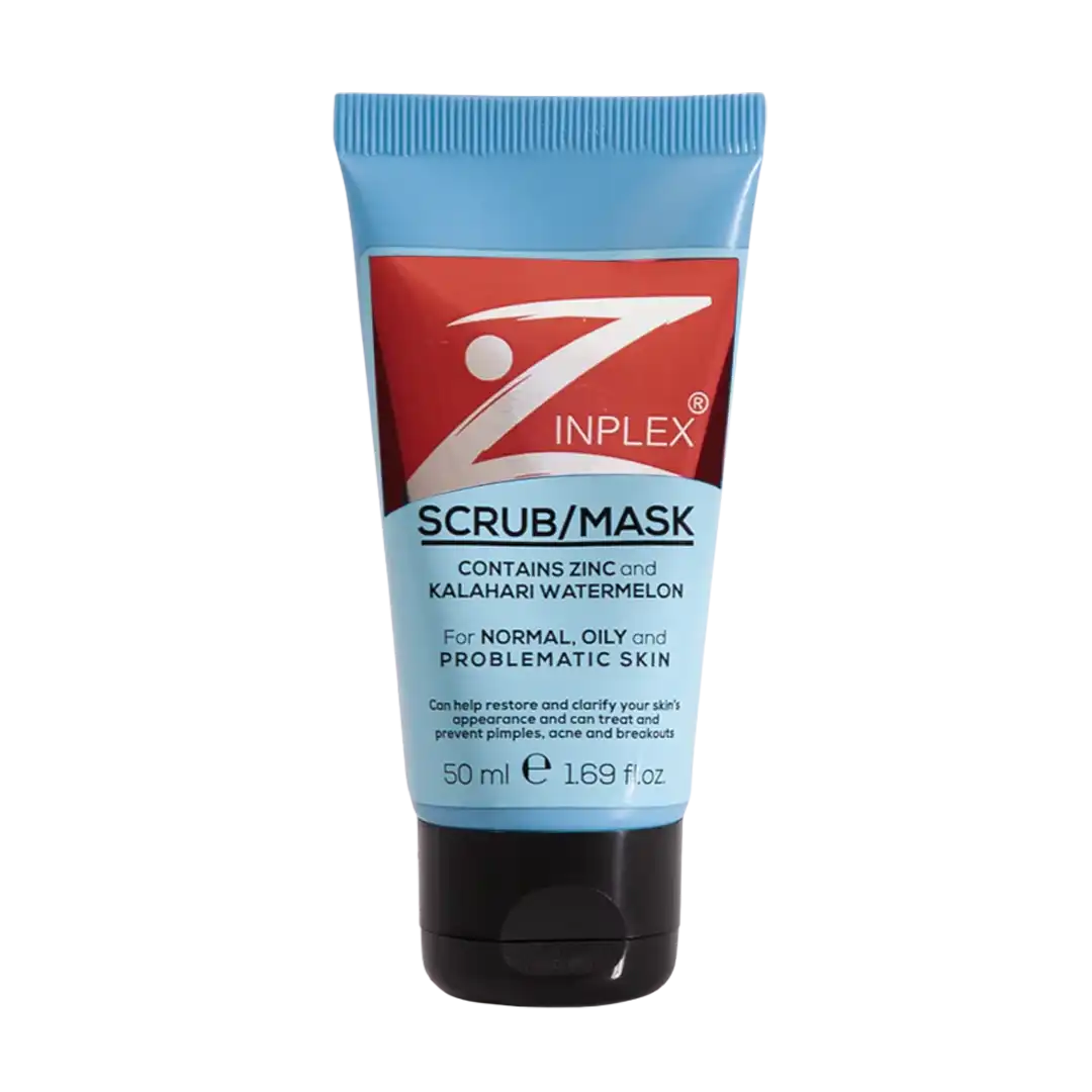 Front of Zinplex Exfoliating Scrub/Mask 50 ml tube on white background