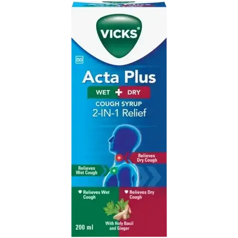 Front of Vicks Acta Plus Wet & Dry Cough Syrup 200 ml box on white background