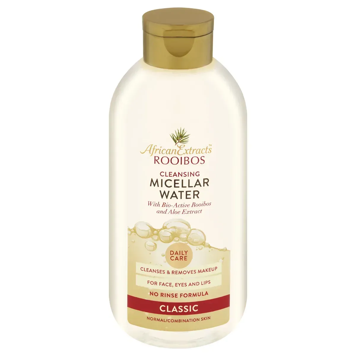 Front of African Extracts Rooibos Cleansing Micellar Water 400ml bottle, studio shot