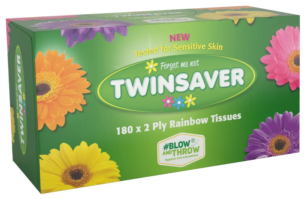Front of Twinsaver Rainbow 180 x 2 Ply Tissues box