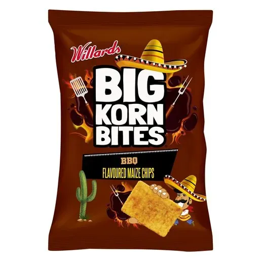 Front of Willards Big Korn Bites BBQ flavoured maize chips 50 g pack