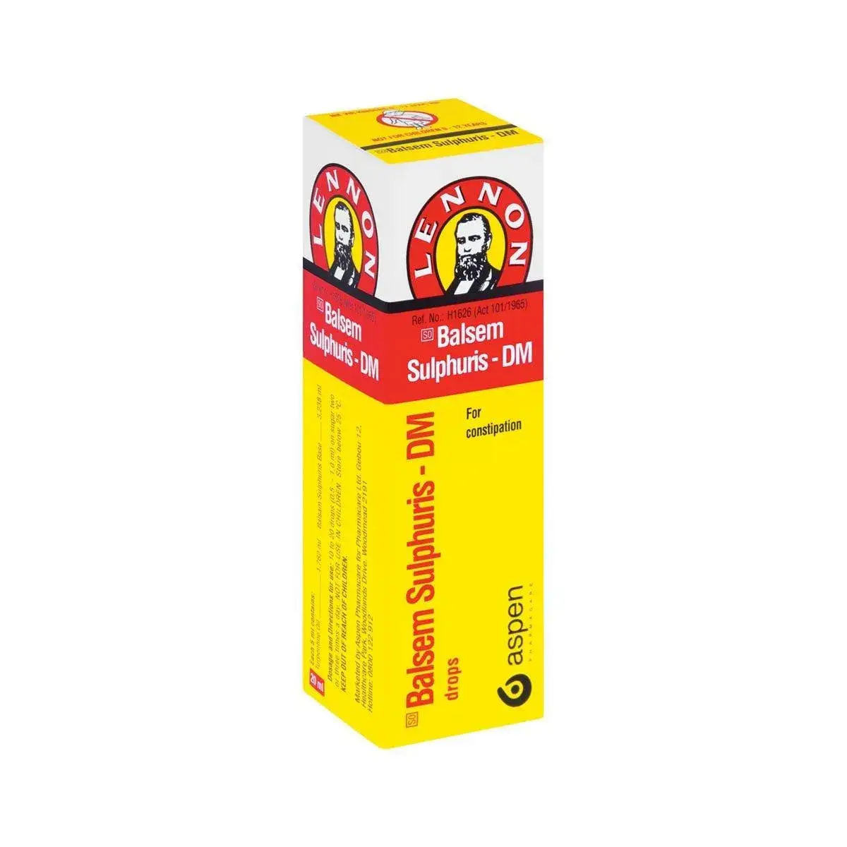 Angled view of Lennon Balsem Sulphuris-DM 20 ml drops box on white background