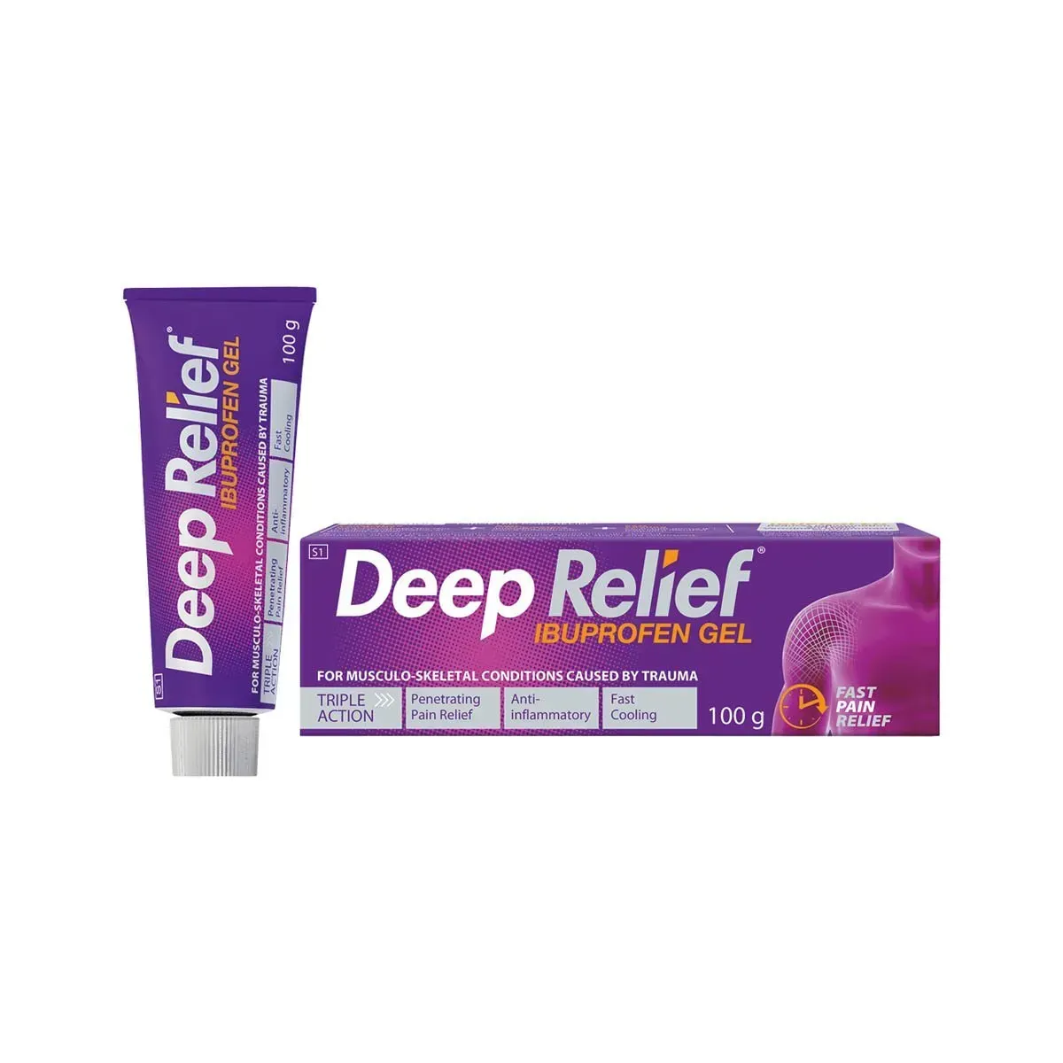 Deep Relief Ibuprofen Gel 100 g tube and box, front view