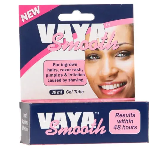 Front angled view of Vaya Smooth Gel 30 ml box for ingrown hairs and razor rash