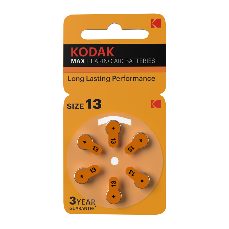 Front of Kodak Max Hearing Aid Batteries Size 13, 6 pack blister card