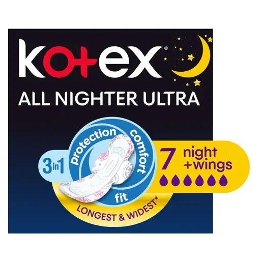 Front of Kotex All Nighter Ultra pads with wings, 7 pads