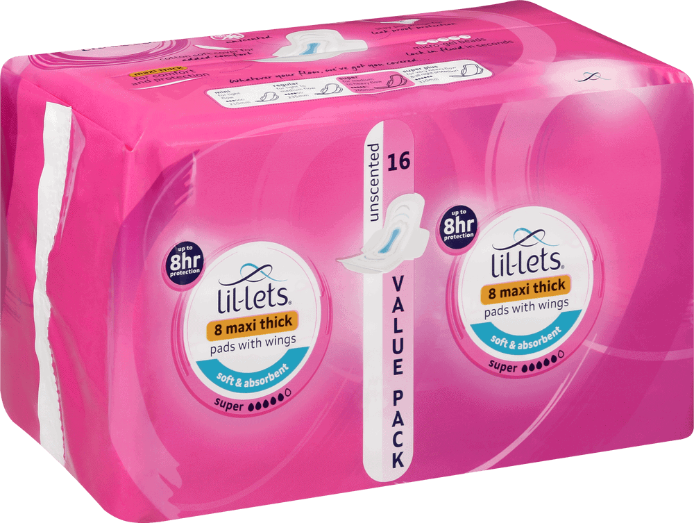 Lil-lets Super Unscented Maxi Thick Pads with Wings 16s