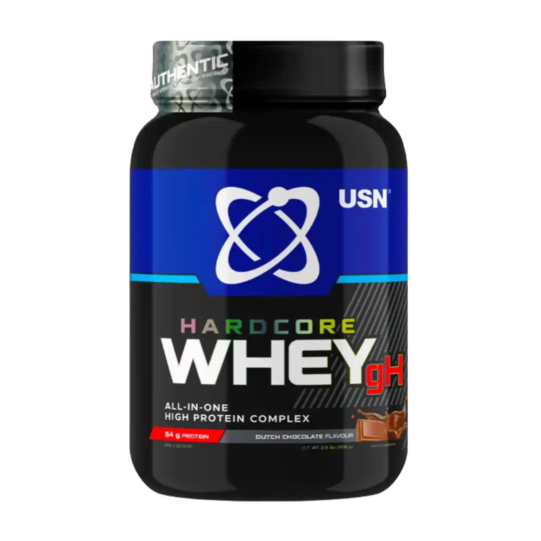 Front of USN Hardcore Whey gH All-In-One High Protein Complex 908g tub, Dutch Chocolate flavour