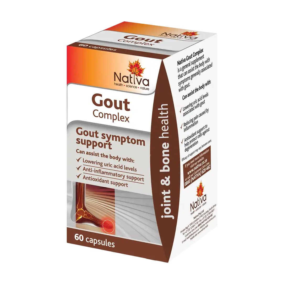 Angled view of Nativa Gout Complex 60 capsules box showing front and side panels