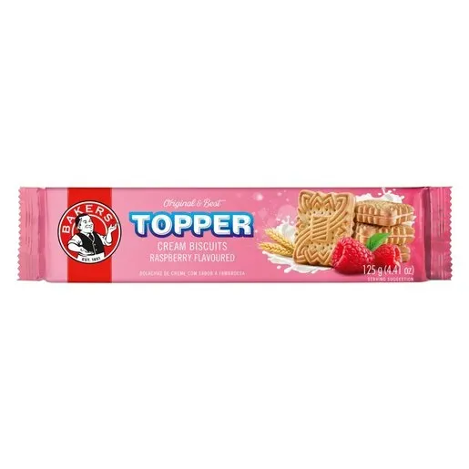 Front of Bakers Topper Raspberry Flavoured Cream Biscuits 125 g pack