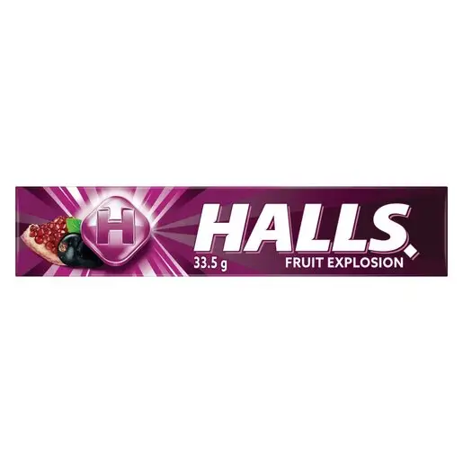 Front of Halls Fruit Explosion 33.5 g lozenges pack on white background
