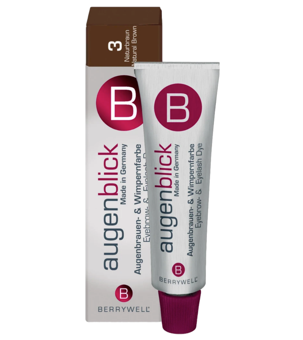 Front of Berrywell Augenblick Eyebrow & Eyelash Dye, Natural Brown, 15ml tube and box