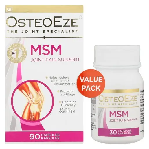 Front of OsteoEze MSM Joint Pain Support 90 capsules box with bonus 30 capsule bottle, value pack