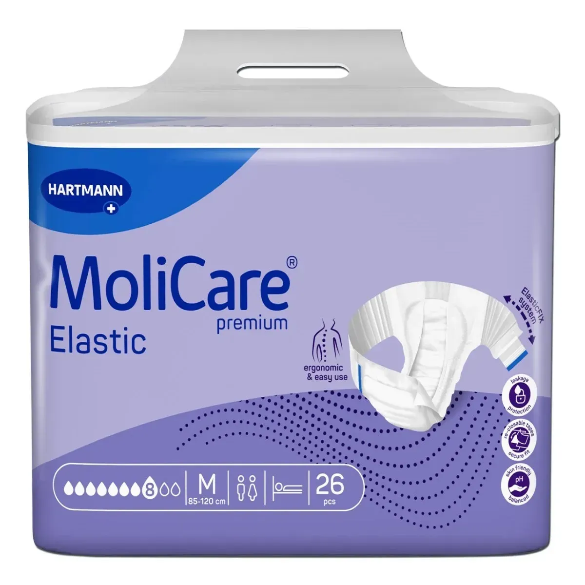Front of MoliCare Premium Elastic size M incontinence briefs, 26 pieces