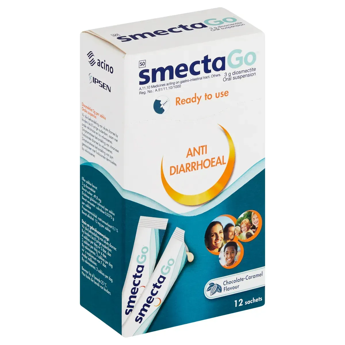 Front angled view of Acino SmectaGo 3 g Chocolate-Caramel Anti-Diarrhoeal box, 12 sachets