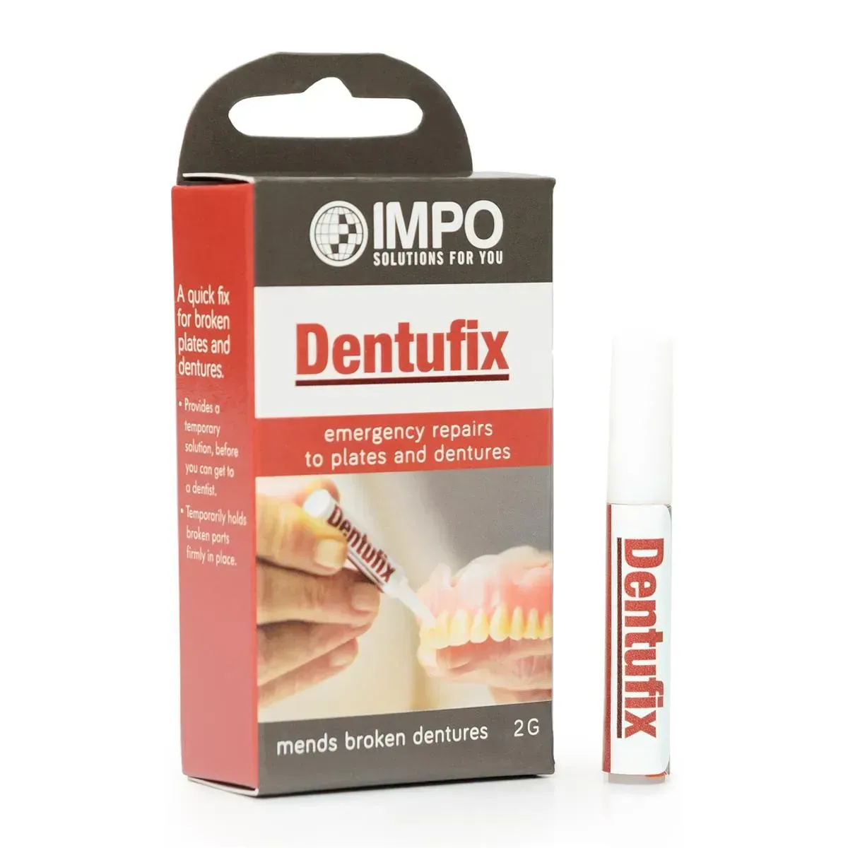 Front of Dentufix denture repair box and tube, 2 g