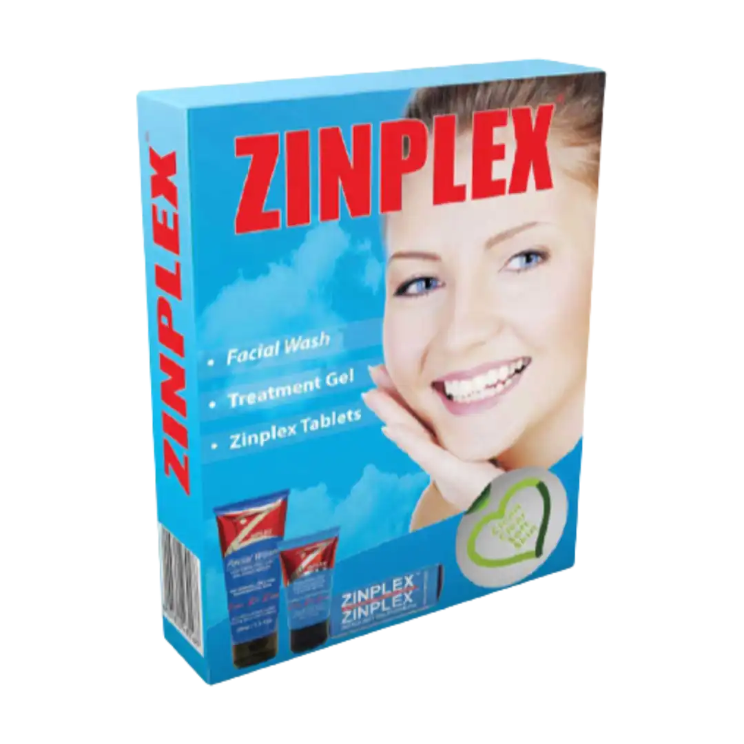 Front angled view of Zinplex Face Wash + Gel + Tabs 60 combo pack box