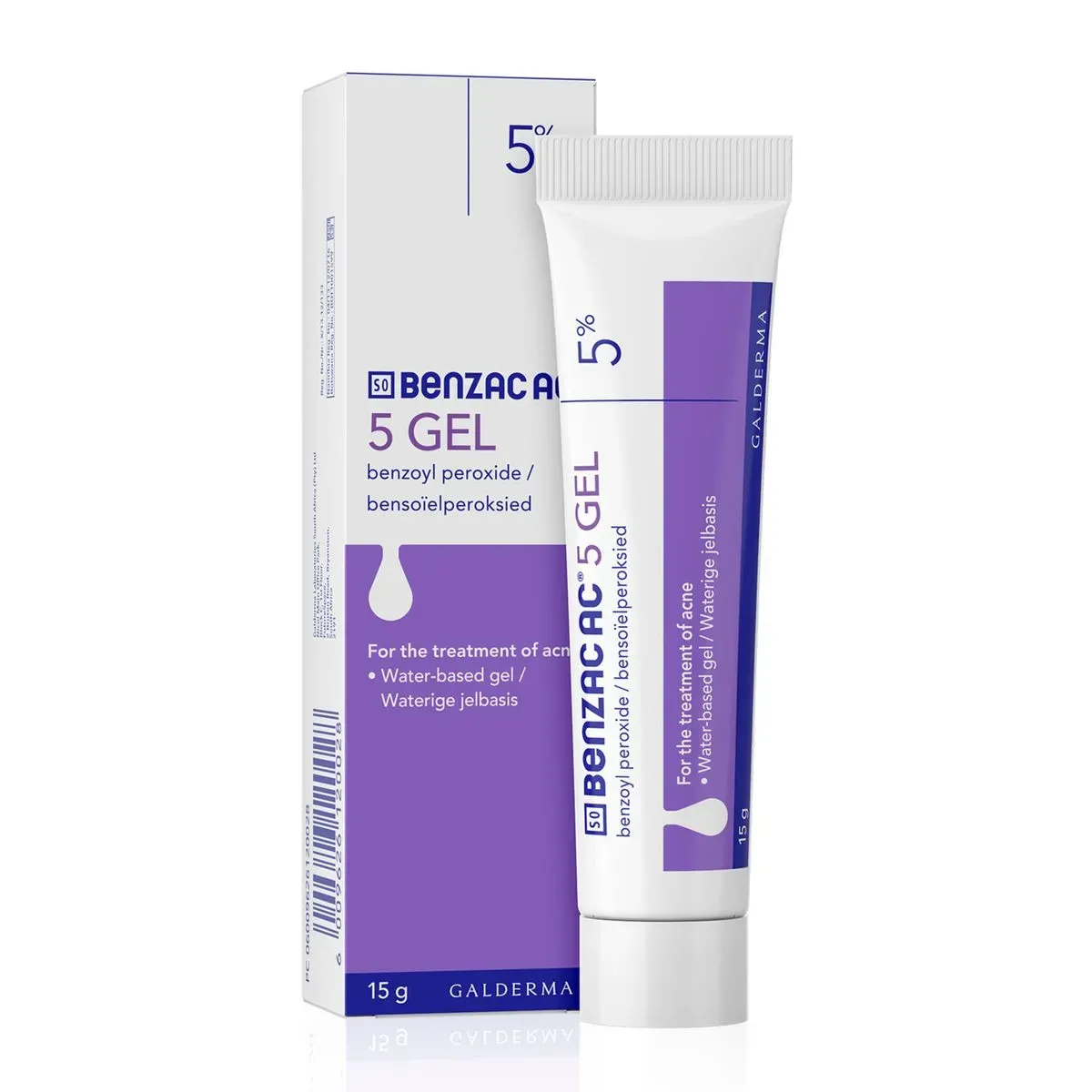 Front of Galderma Benzac AC 5% Gel 15 g box with tube shown beside it on white background
