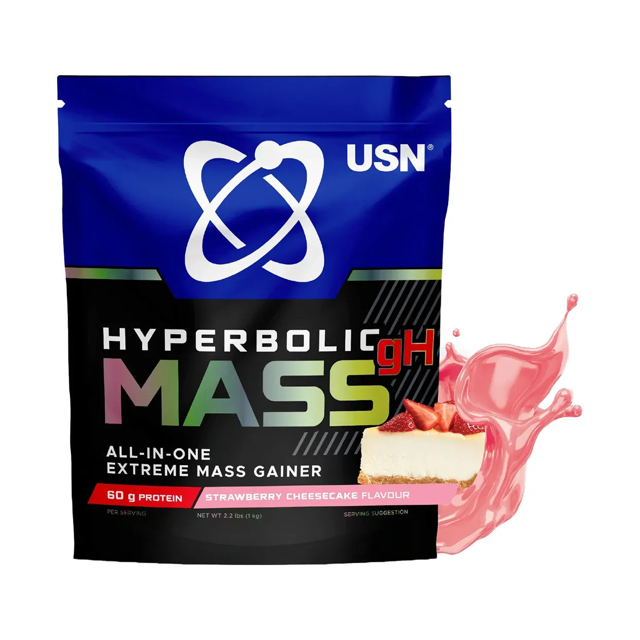 Front of USN Hyperbolic Mass gH Strawberry Cheesecake Flavour 1kg pouch