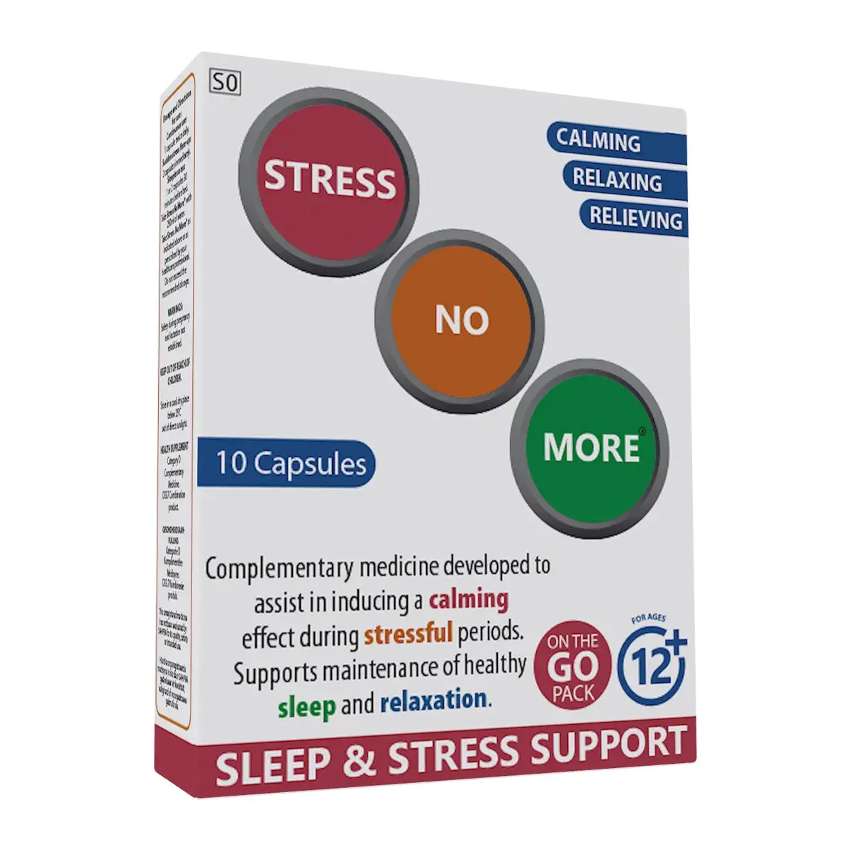 Angled view of Tara Pharmaceuticals Stress No More box, 10 capsules