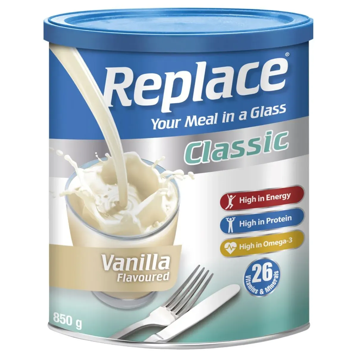 Front of Nativa Replace Classic Vanilla Flavoured meal replacement 850 g tin