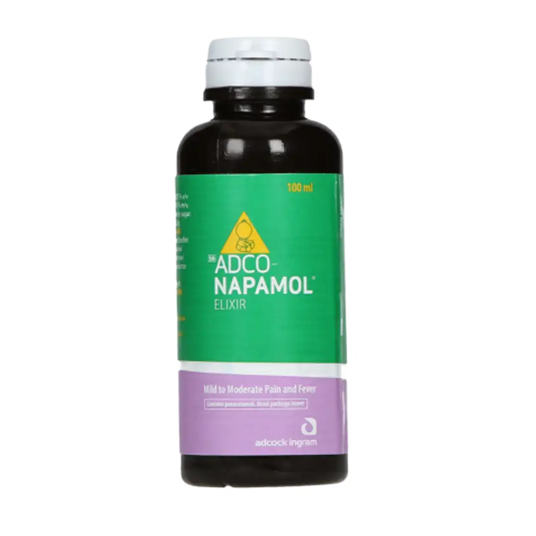 Front of Adcock Ingram Napamol Syrup 120mg/5ml Elixir 100 ml bottle on white background