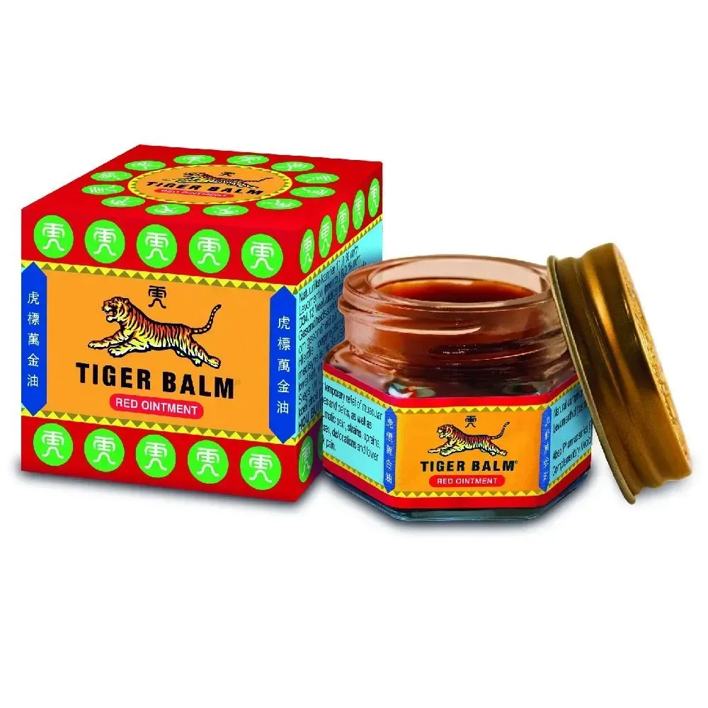Tiger Balm Red Ointment 19 g jar and box, open with lid beside it